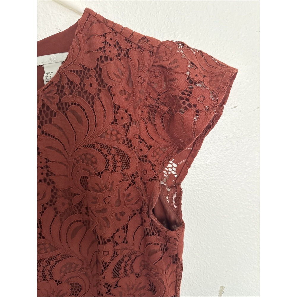 H&M Deep Rust Lace Flutter Sleeve Cap Sleeve Sheath Pencil Dress Size 6 - Picture 2 of 9